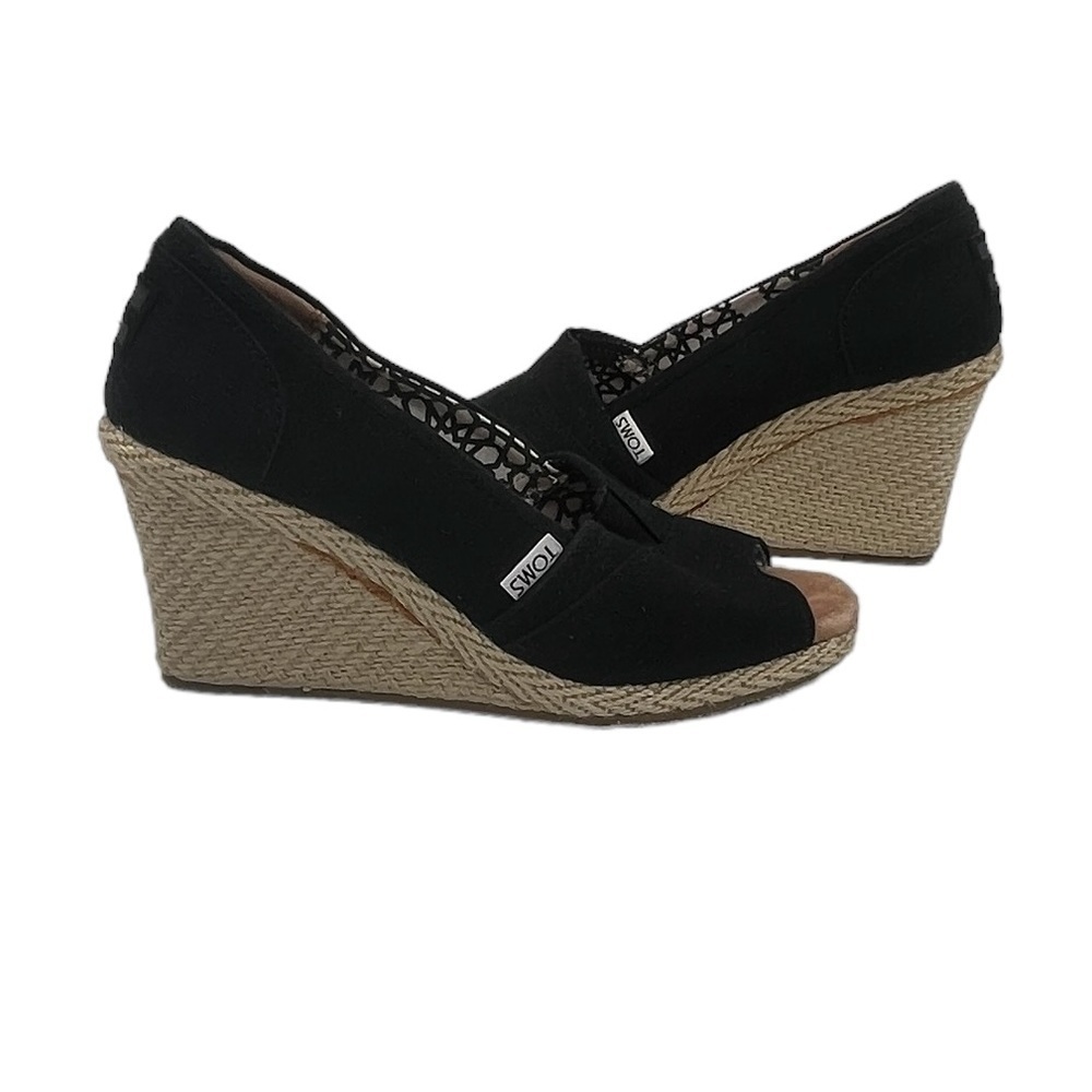 TOMS Black Espadrille Peep Toe Wedge Sandals Size 7.5 Women’s